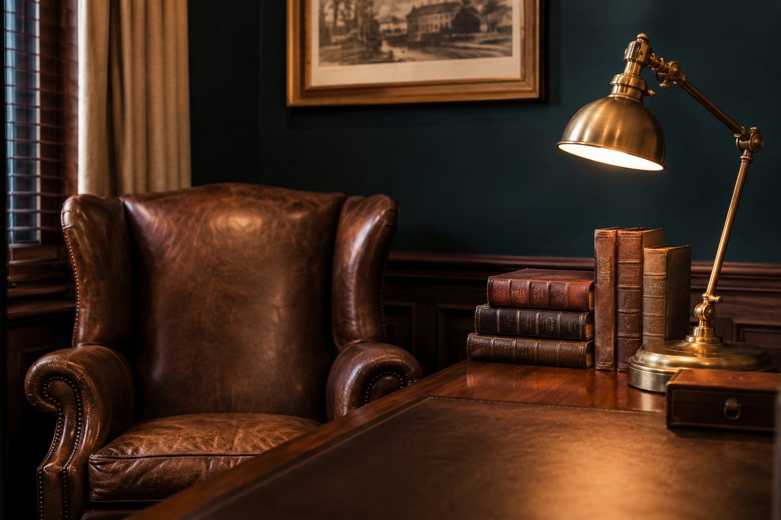 The Nelis Verwey Inc. office — a warm, book-lined consulting room in Bloemfontein.